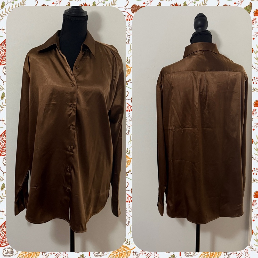 With Stretch Elegant Brown/Bronze Women's Long Sleeve Blouse-size XL